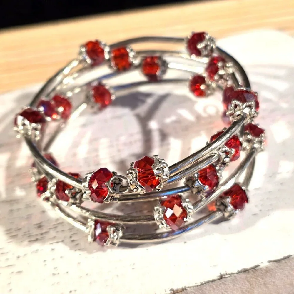 Silver Tone Crystal Wrap Bracelet With Red Faceted Beads & Filigree Details